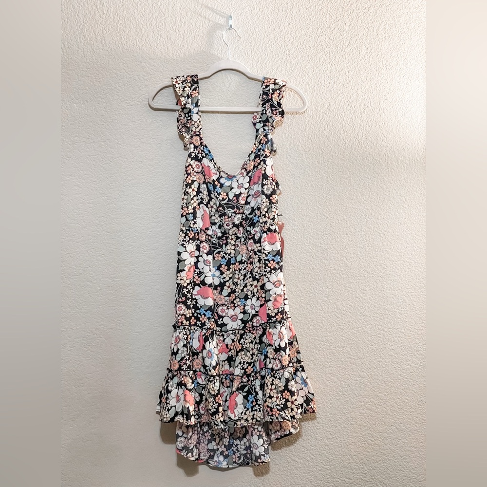 Floral Ruffle Sundress in Black with Pink & Blue Flowers